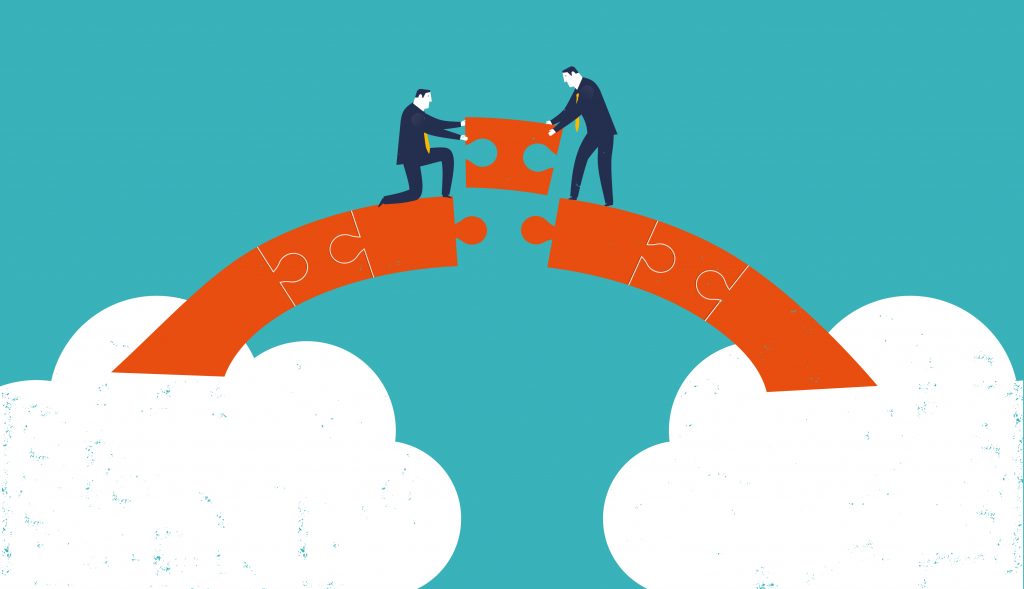 Illustration of two men fixing the gap in the bridge between two clouds.